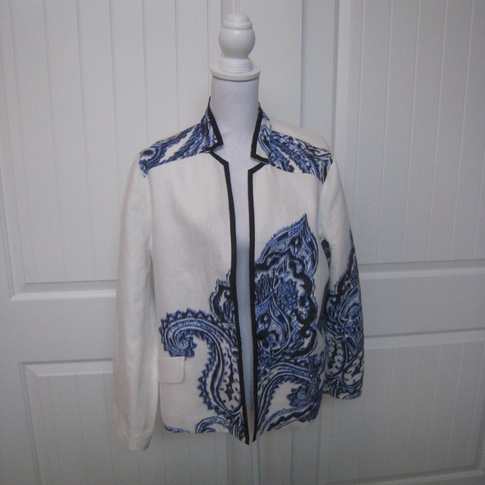 Chico's Lined Blue & White  Linen Jacket